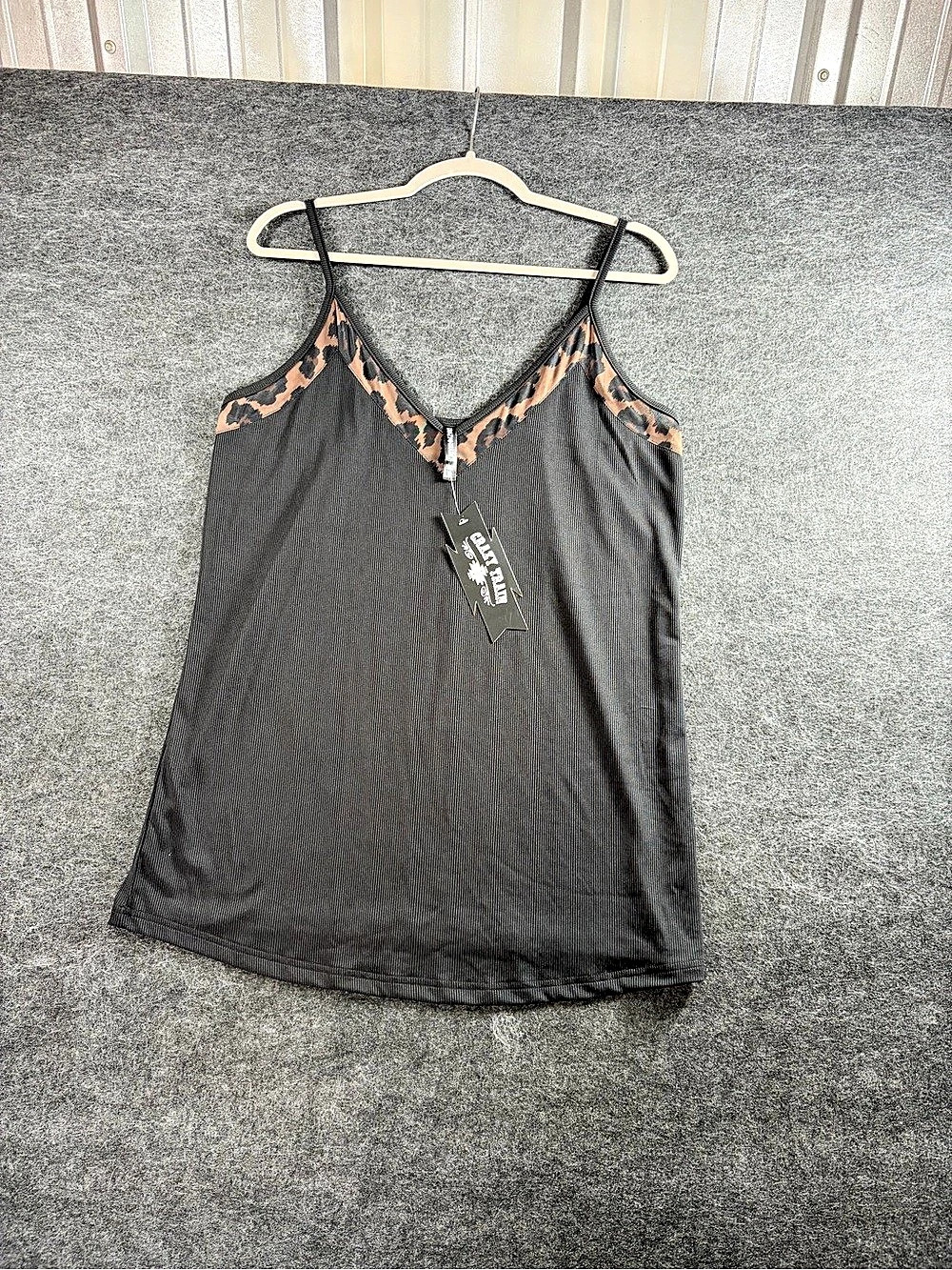 Crazy Train Black with Animal Print Accents Ribbed Camisole NWT Size Medium